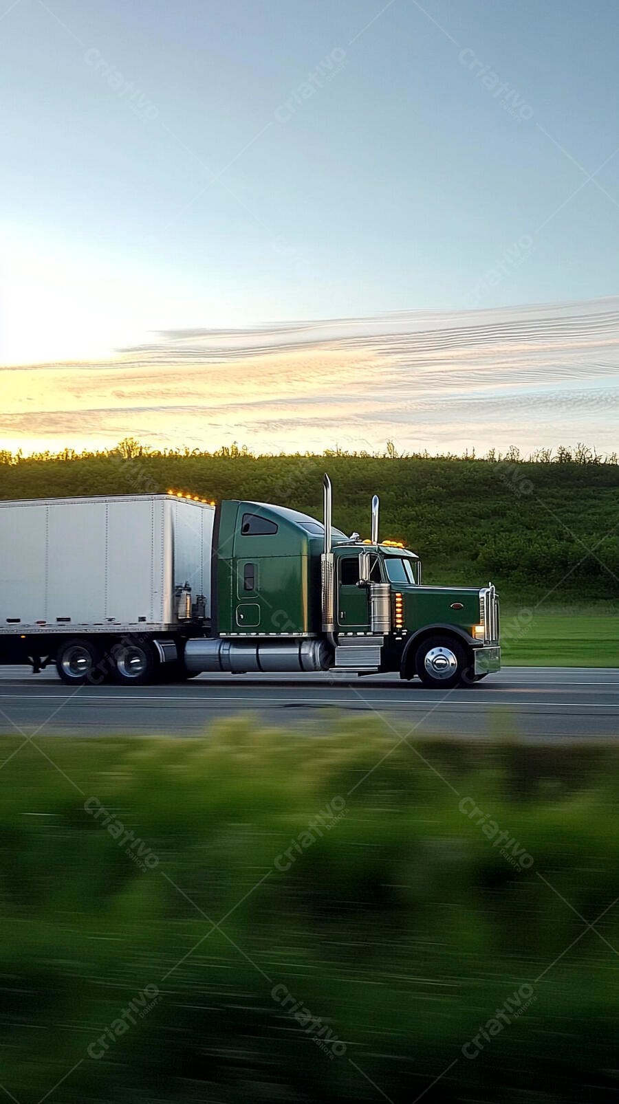 Caminhão verde semi-reboque em movimento na estrada ao pôr do sol