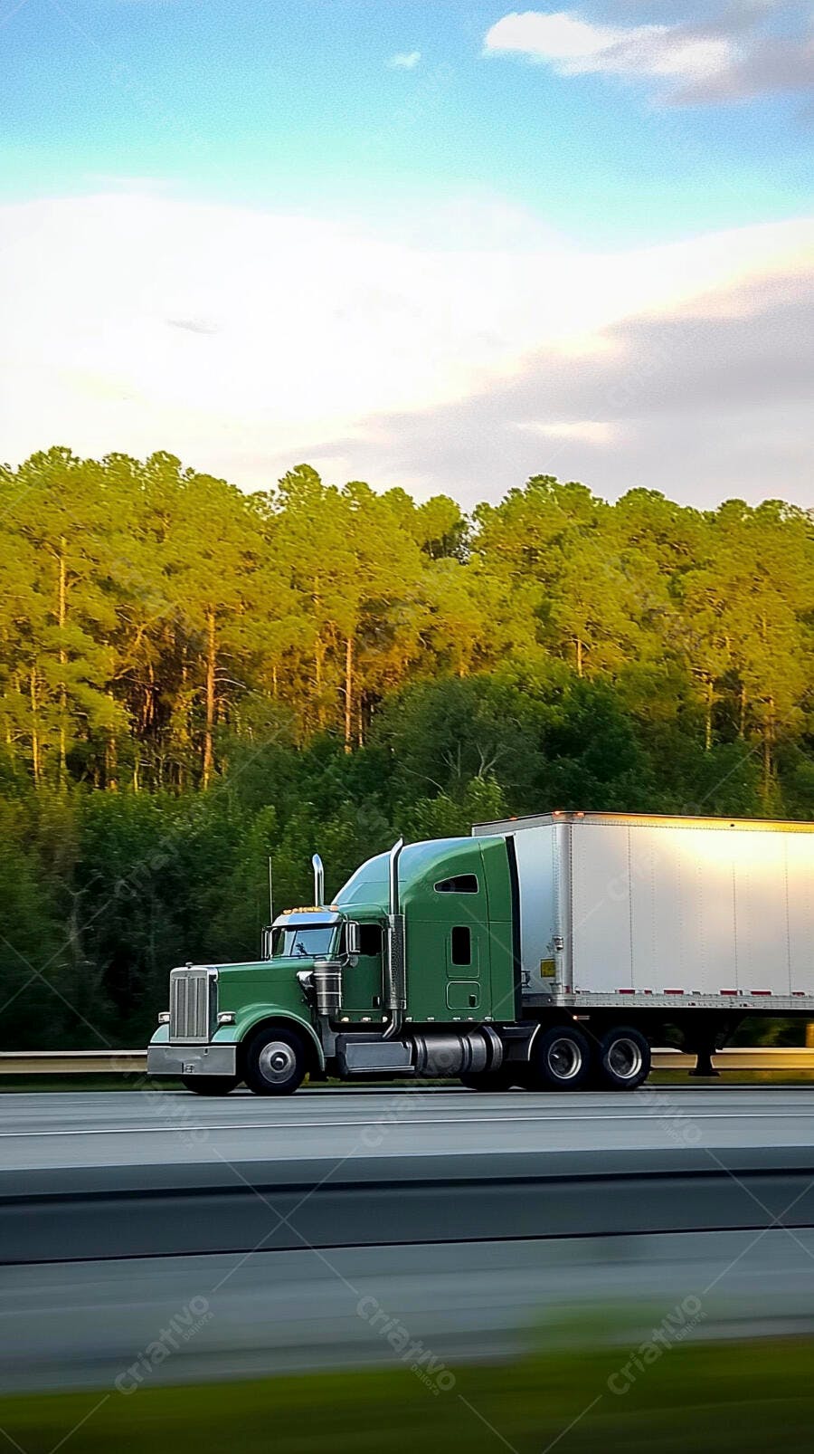 Caminhão verde de transporte em movimento rápido na estrada com floresta verde