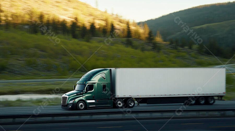 Caminhão semi-reboque verde escuro viajando em rodovia montanhosa ao entardecer