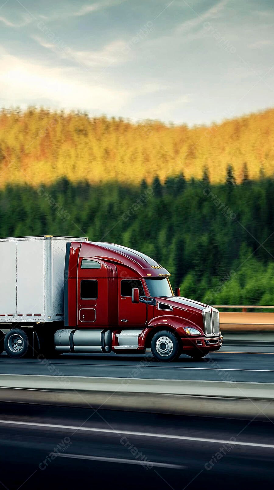 Caminhão vermelho na rodovia paisagem verde e amarela ao entardecer
