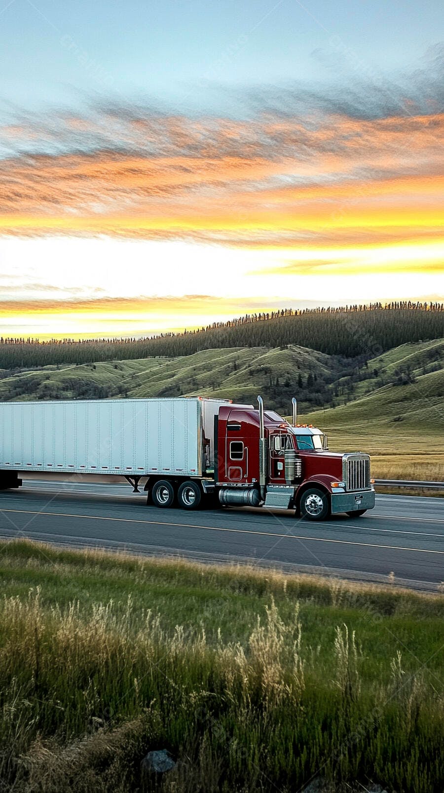 Caminhão de carga vermelho em rodovia montanhosa ao entardecer