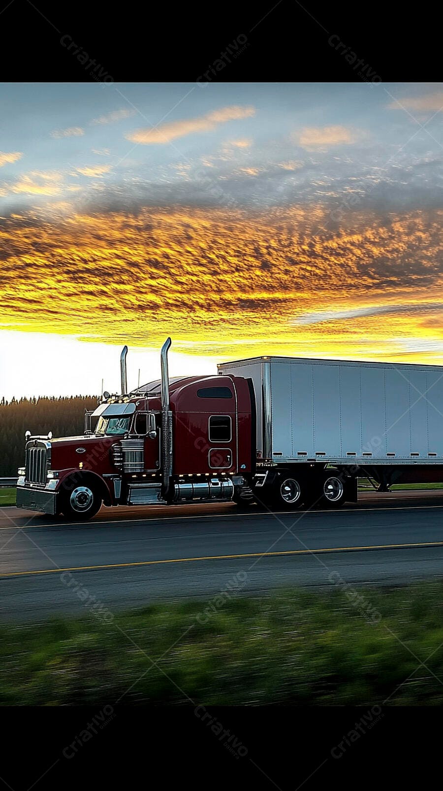 Caminhão semirreboque vermelho em rodovia ao pôr do sol laranja