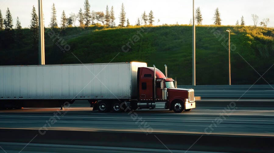Caminhão vermelho de carga em rodovia ao entardecer
