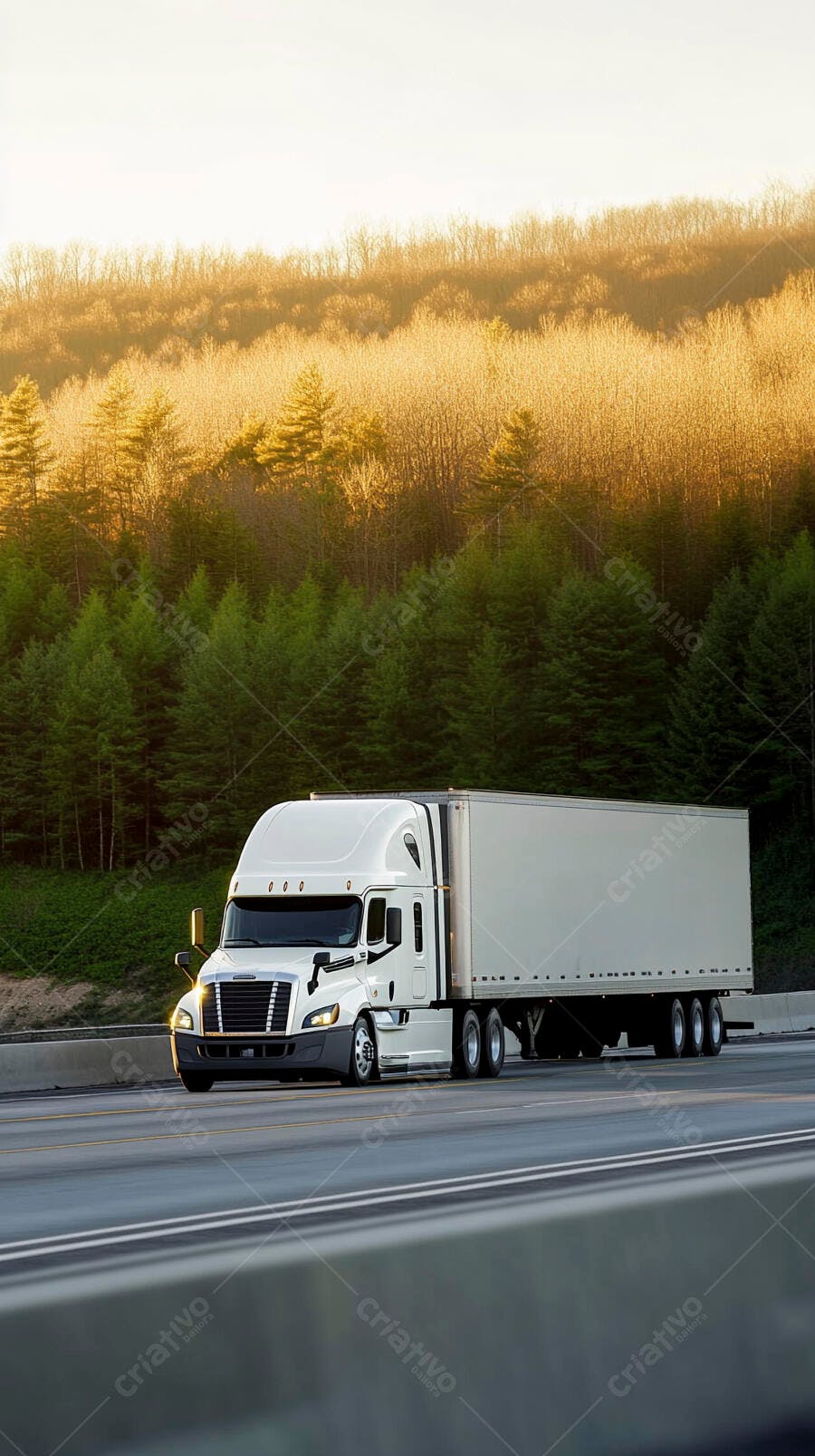 Caminhão branco rodovia floresta dourada amanhecer transporte carga