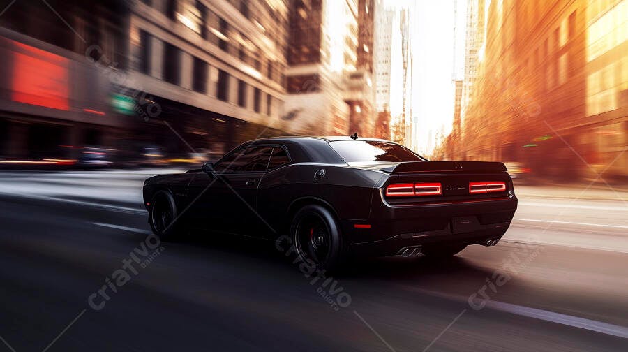 Carro esportivo preto de luxo em alta velocidade na cidade ao entardecer