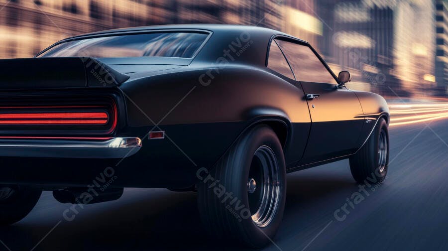 Carro clássico preto muscle car em velocidade na cidade ao entardecer