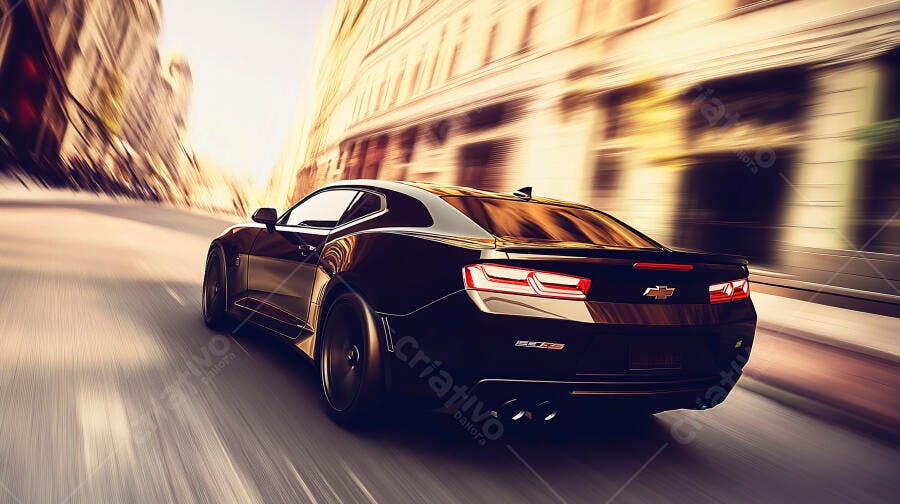Carro esportivo preto moderno em alta velocidade na rua da cidade ao entardecer