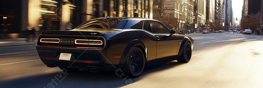 Dodge Challenger preto em rua urbana com luz dourada do entardecer