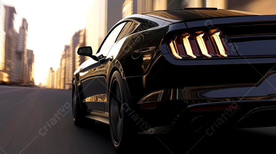 Carro esportivo preto em movimento na cidade ao pôr do sol com luz dourada