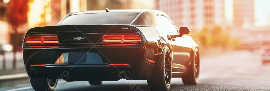 Carro esportivo preto Chevrolet Camaro SS em rua urbana no pôr do sol
