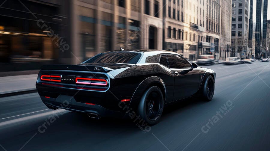 Carro esportivo preto Dodge Challenger em movimento na cidade