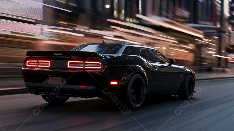 Carro muscle preto veloz na cidade noturna com luzes borradas