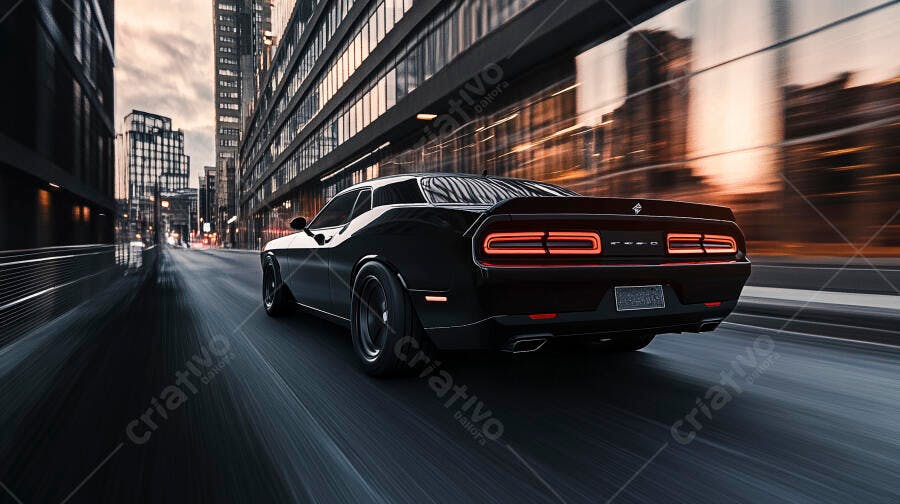Muscle car preto em movimento rápido na rua da cidade ao anoitecer