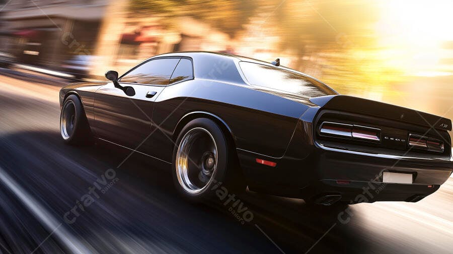 Muscle car preto em movimento rápido ao entardecer urbano
