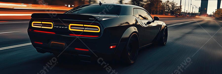 Carro esportivo preto na estrada urbana ao entardecer com luzes traseiras acesas