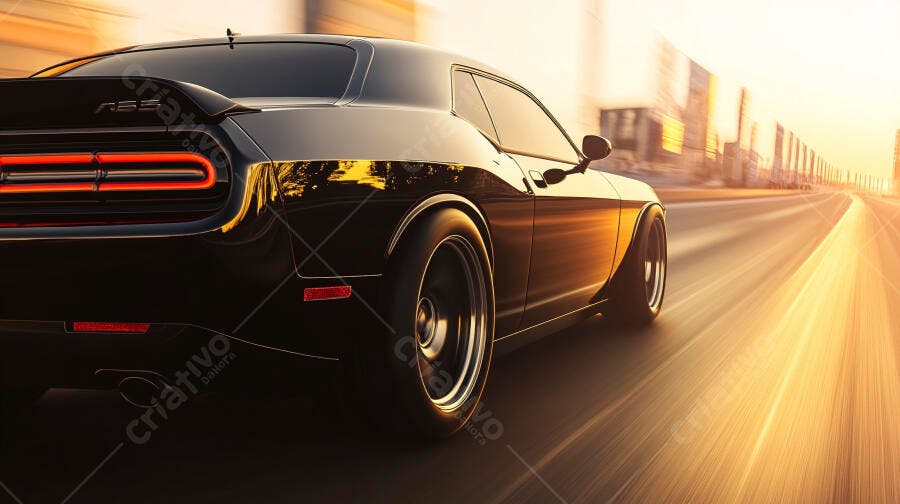 Carro esportivo preto em alta velocidade ao pôr do sol na cidade