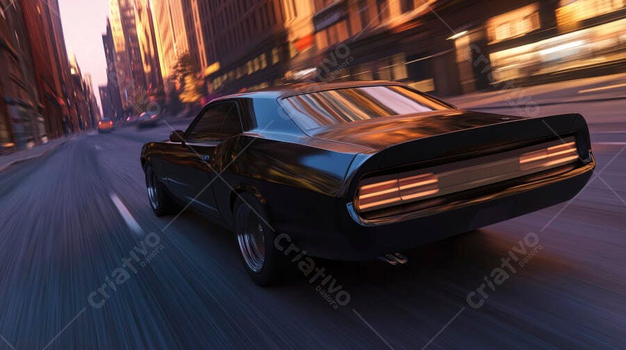Carro esportivo preto vintage em alta velocidade na cidade ao entardecer