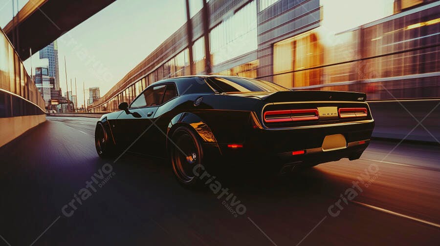 Carro esportivo preto Dodge Challenger rodando rápido em viaduto urbano ao pôr do sol