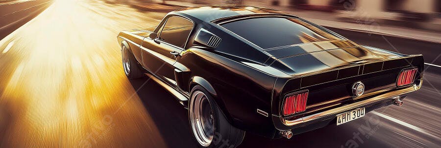 Mustang clássico preto com listras brancas em estrada dourada