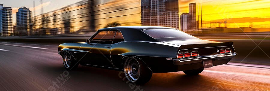 Muscle car clássico preto em alta velocidade na rodovia urbana ao pôr do sol