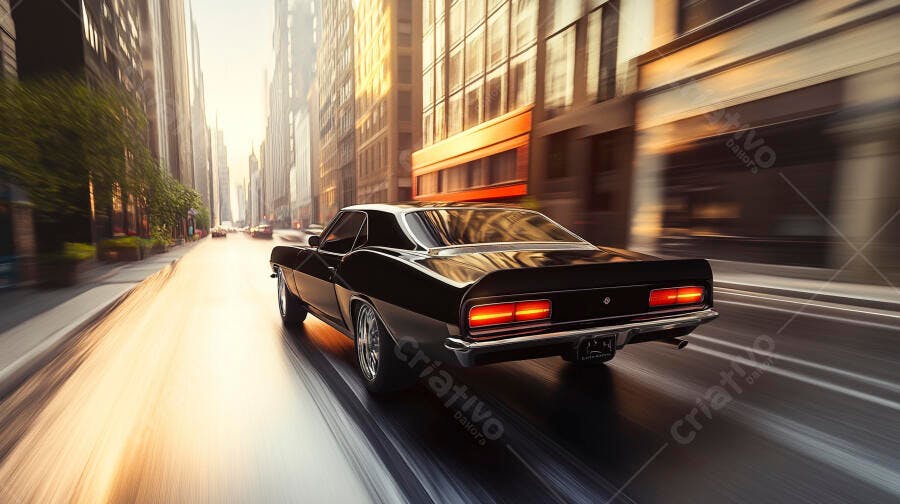 Carro esportivo vintage preto em rua urbana com movimento rápido ao entardecer