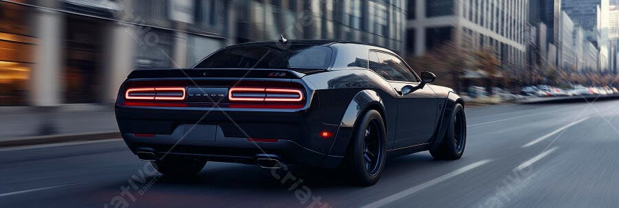 Carro esportivo preto Dodge Challenger em movimento na rua da cidade ao entardecer