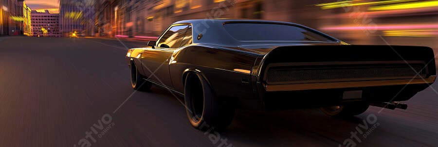 Carro clássico muscle car preto em velocidade na cidade ao anoitecer