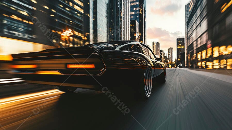 Carro esportivo preto em alta velocidade na cidade ao entardecer