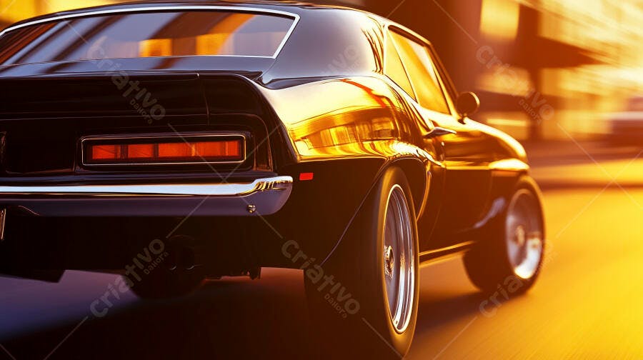 Carro clássico preto em alta velocidade ao pôr do sol urbano