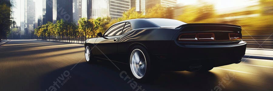 Muscle car preto em alta velocidade na cidade ao nascer do sol