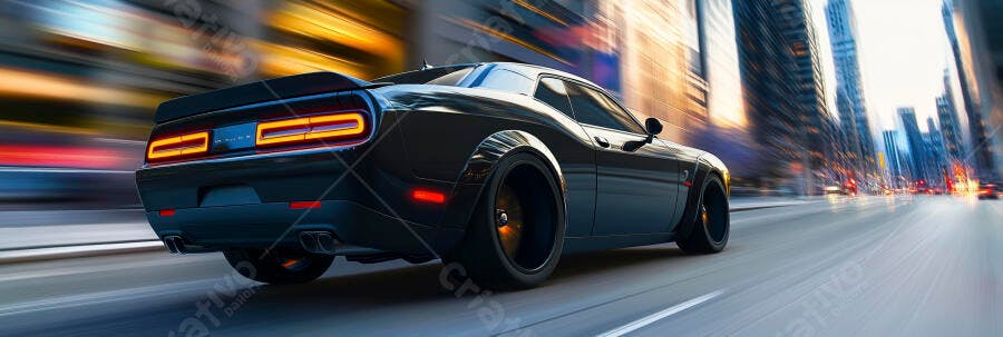 Dodge Challenger preto em alta velocidade na rua da cidade à noite