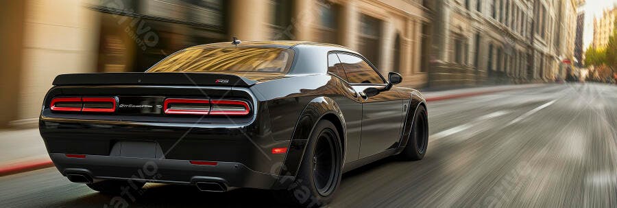 Carro esportivo preto Dodge Challenger em alta velocidade na rua da cidade