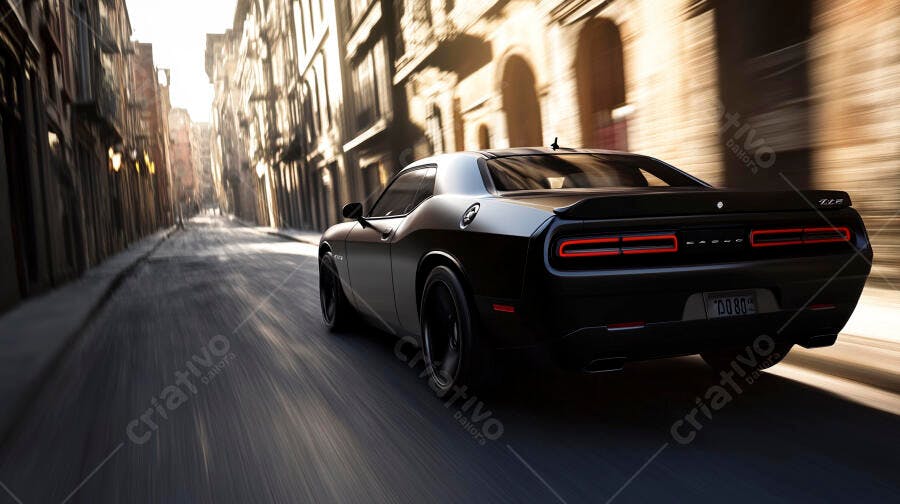 Carro esportivo preto em movimento na rua da cidade ao pôr do sol