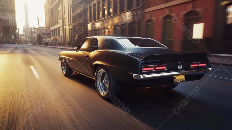Chevrolet Camaro SS preto vintage acelerando na rua da cidade ao entardecer