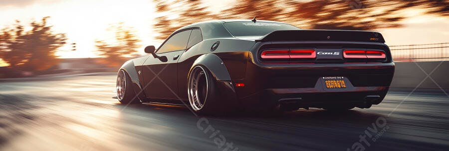 Dodge Challenger preto em movimento rápido na pista ao entardecer