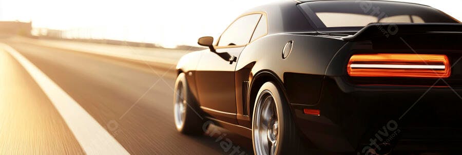 Carro muscle preto clássico em alta velocidade na estrada ao pôr do sol