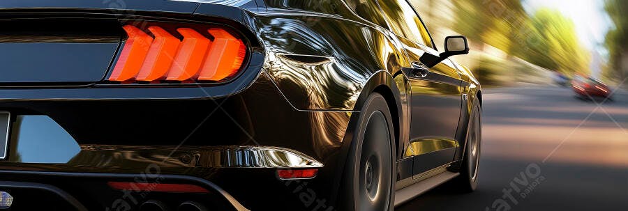 Carro esportivo preto em movimento na estrada com reflexos dourados