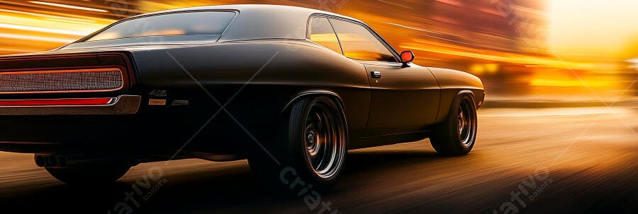 Carro esportivo clássico preto em alta velocidade ao pôr do sol