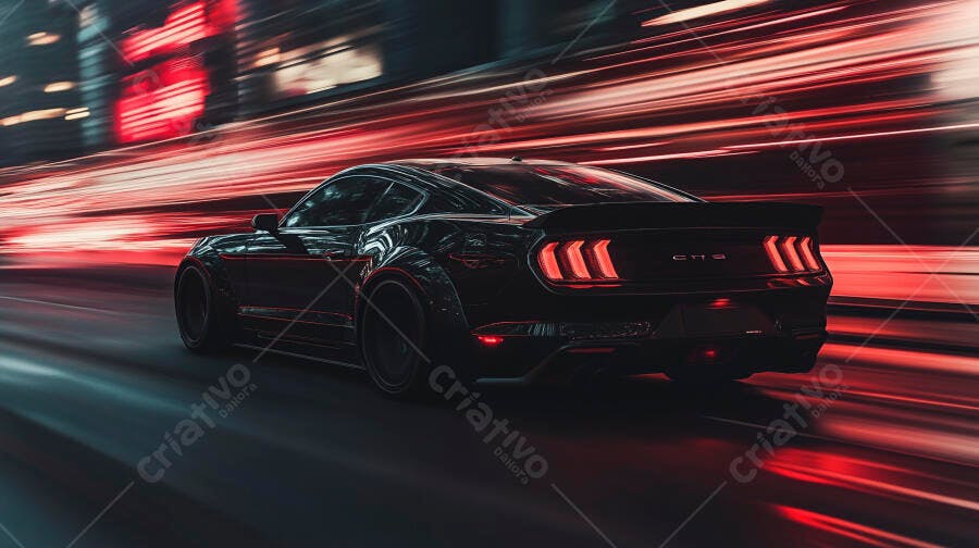 Carro esportivo preto GT em alta velocidade na cidade à noite com luzes vermelhas neon