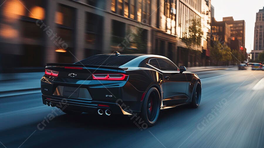 Carro esportivo preto Camaro em alta velocidade na cidade ao pôr do sol