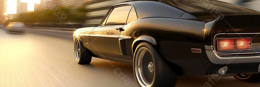 Carro clássico preto em alta velocidade na cidade ao pôr do sol dourado