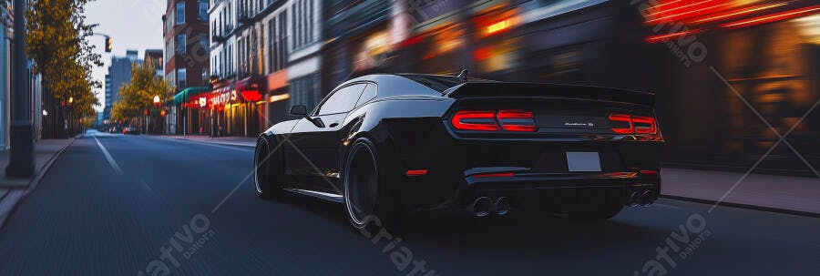 Carro esportivo preto dirigindo rápido na rua da cidade à noite com luzes neon