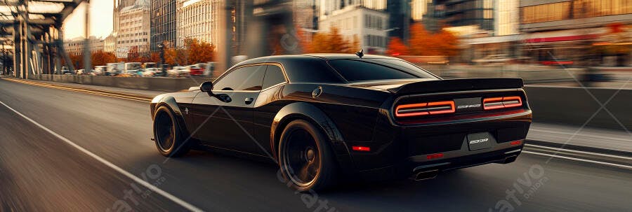Carro muscle preto Dodge Challenger em movimento na cidade ao pôr do sol