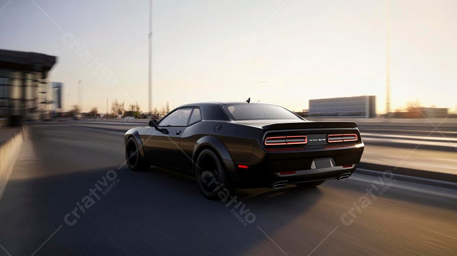 Carro esportivo preto em movimento na estrada ao pôr do sol