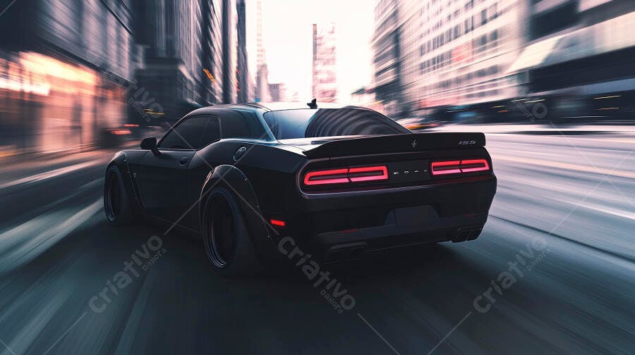 Muscle car preto esportivo em alta velocidade na rua da cidade