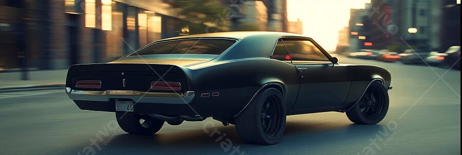 Carro clássico preto muscle car em rua urbana com pôr do sol dourado e movimento borrado