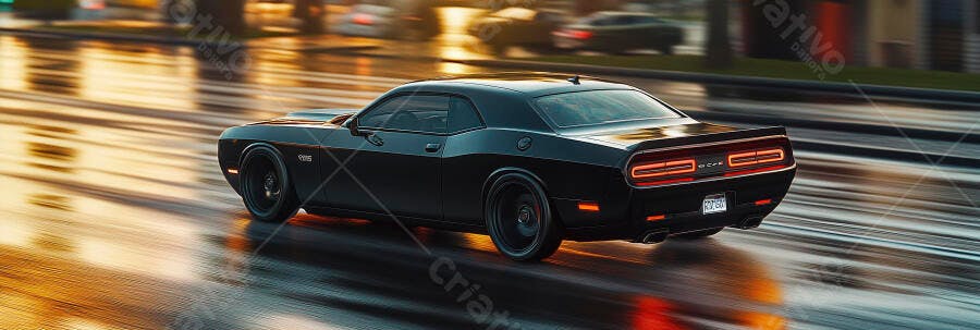 Carro esportivo preto Dodge Challenger muscle car em rua molhada ao pôr do sol com reflexos dourados