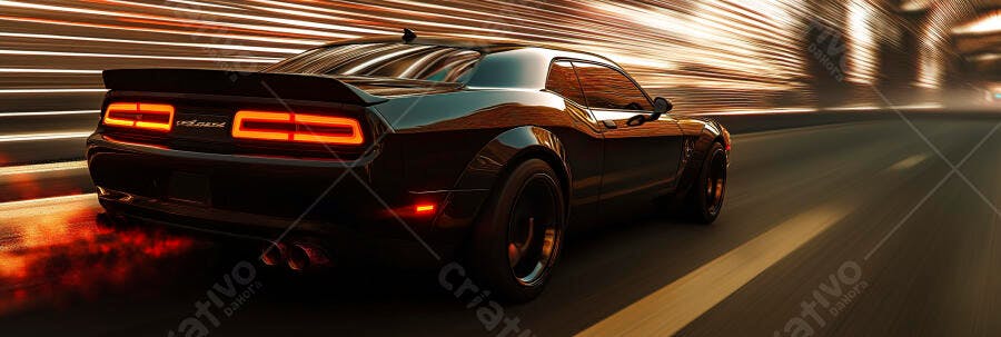 Muscle car preto em alta velocidade com rastros de luz no túnel noturno