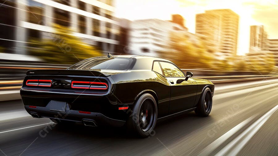 Carro esportivo preto Dodge Challenger em alta velocidade na cidade ao pôr do sol