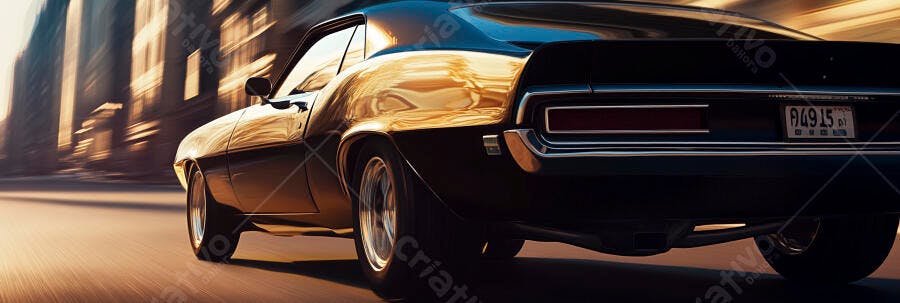 Muscle car clássico azul escuro acelerando em rua urbana com reflexos dourados